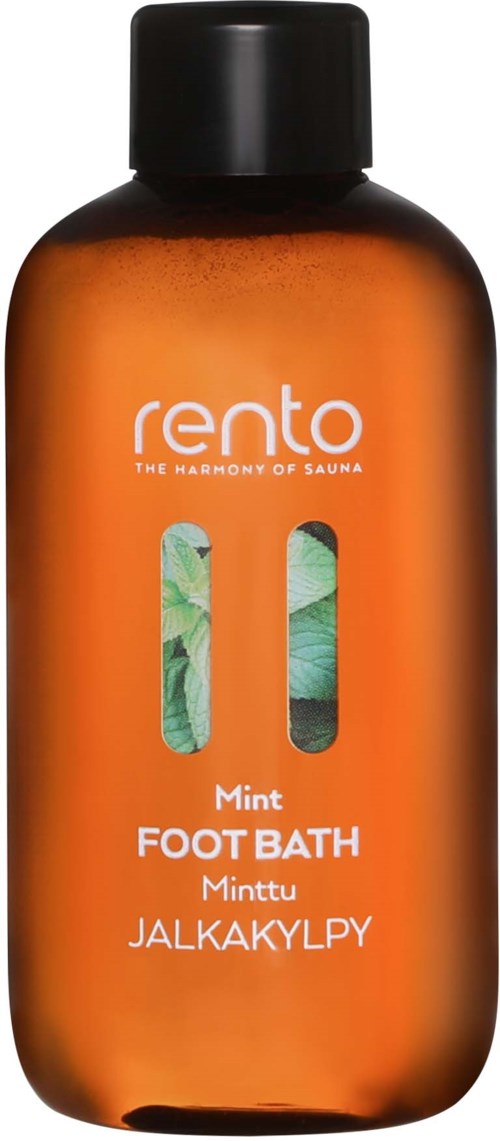 Orange flaska märkt 'Rento Mint Foot Bath' med två klara fönster som visar blad inuti.