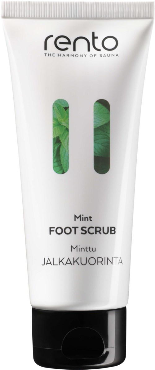 A white tube labeled 'Rento Mint Foot Scrub' with green leaves and black cap.
