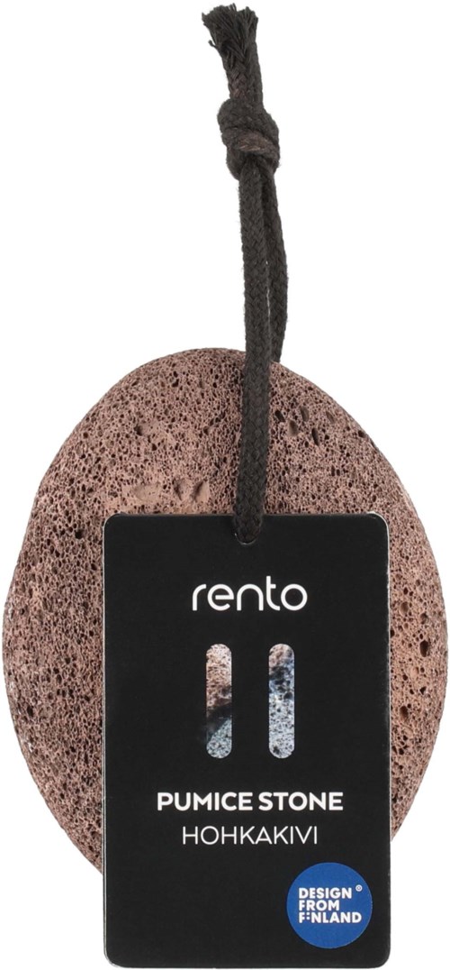 A pumice stone hangs by a black cord with a label that says "rento" and "PUMICE STONE HOHKAKIVI."