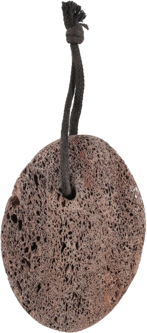 A brown, round, porous pumice stone with a string attached at the top.