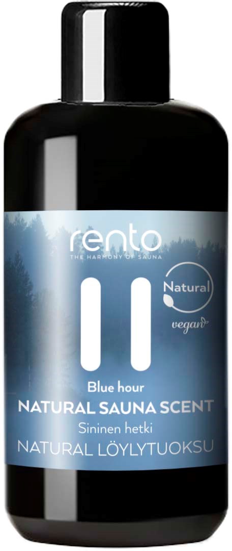 Mustassa pullossa sininen etiketti, jossa lukee Natural Sauna Scent nimeltä Blue Hour, Remtolta.