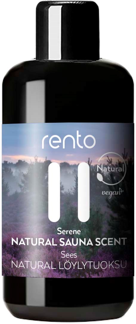 En svart flaska med en etikett som visar naturmiljö, märkt som Rento Serene Natural Sauna Scent, vegansk och naturlig.