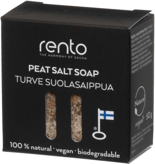 Svart förpackning av peatsalt soap med finsk flagga, nämner naturliga, veganska, biologiskt nedbrytbara ingredienser och 50g vikt.