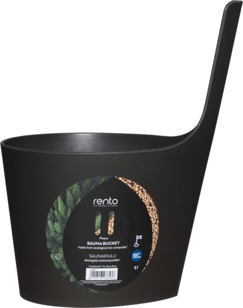 Black sauna bucket with a handle, labeled in multiple languages, designed for eco-friendly use.