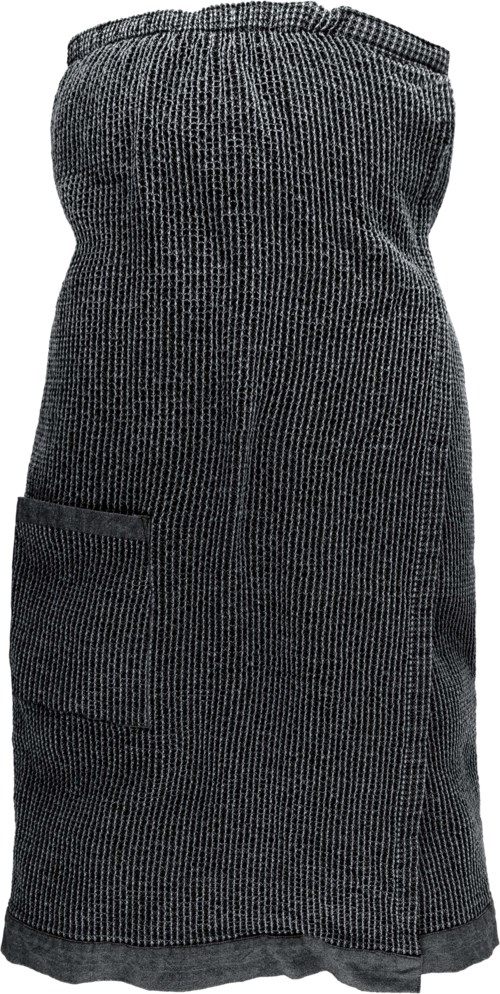 Ein schwarz-weiß gestreifter Schürze mit Tasche an der Seite.