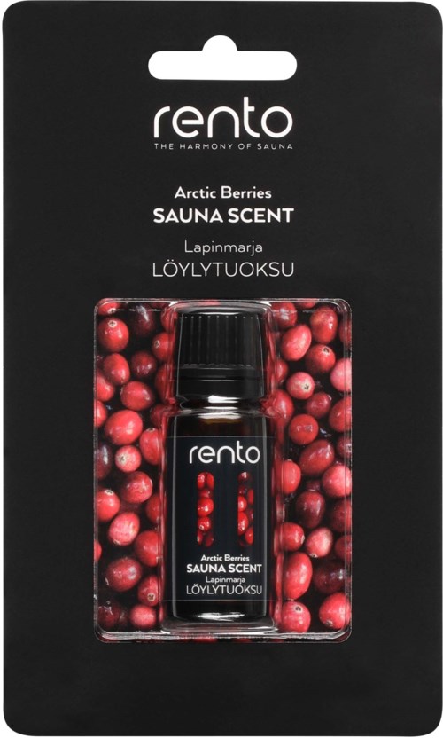 En liten svart flaske med badstuescent spray med arktiske bær på emballasjen.