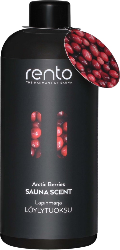 En svart flaske med etikett som viser røde bær og teksten 'Arctic Berries Sauna Scent'.