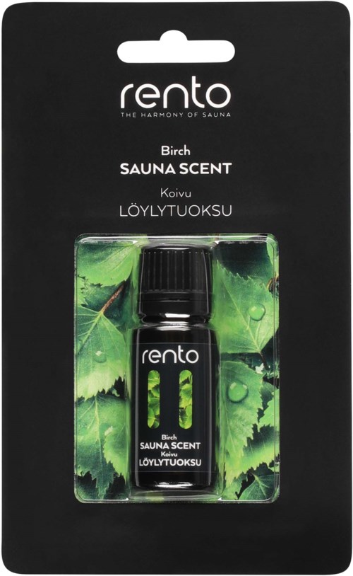 Liten svart flaske med grønn løvdesign, merket 'Rento Birch Sauna Scent' for duftbruk.