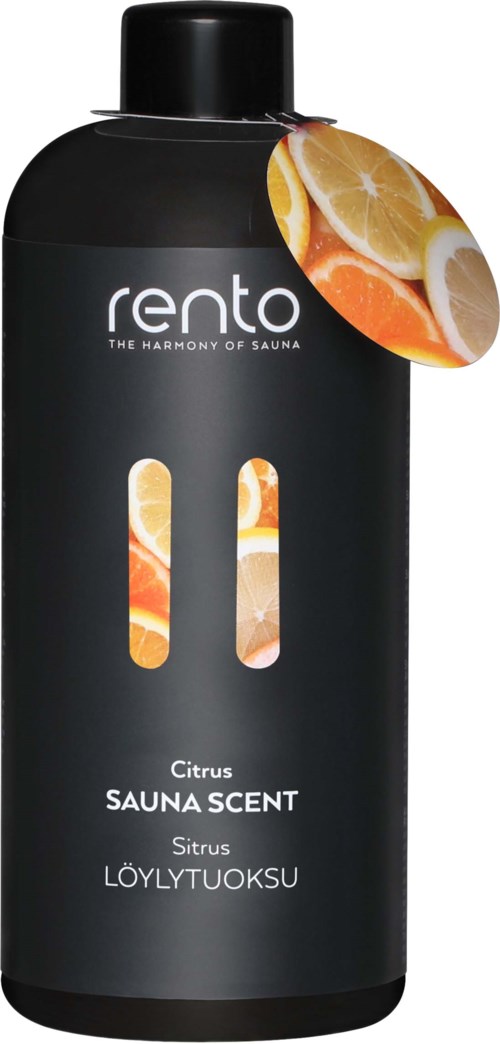 Mustavalkoinen pullo, jossa sitrushedelmäkuvia ja tekstit 'sauna scent' ja 'citrus'.