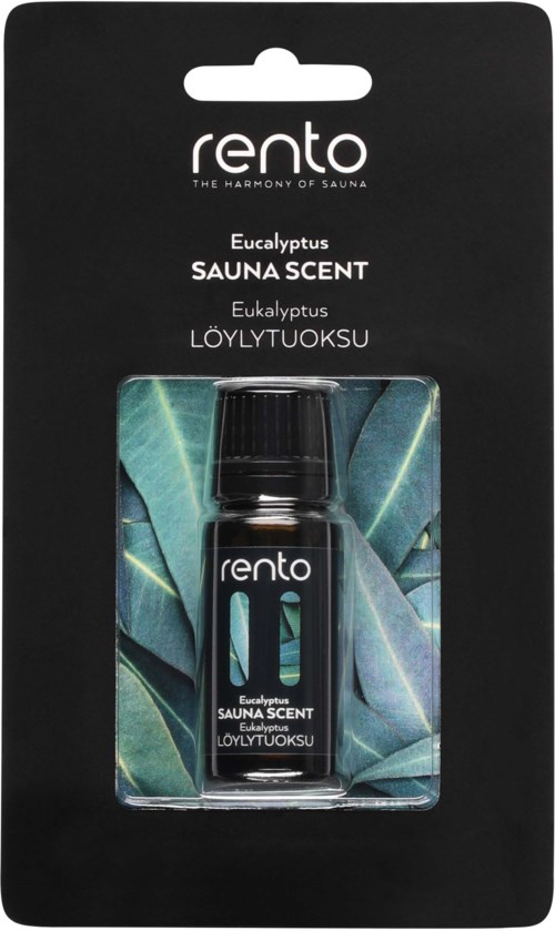 En liten svart flaska märkt 'Rento Eucalyptus Sauna Scent' inuti svart förpackning med bladsdesign.