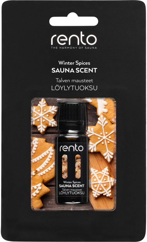 En doftpåse för bastu med pepparkakor på förpackningen och svart flaska i ett svart skåp.