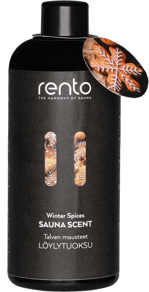 Svart flaske med badstu-duft med snøfnugg og bladdesign, merket 'Winter Spices'.