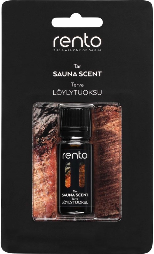 Liten svart flaska med 'Rento' och bastuparfym, i svart förpackning med orange och brunt bakgrund.