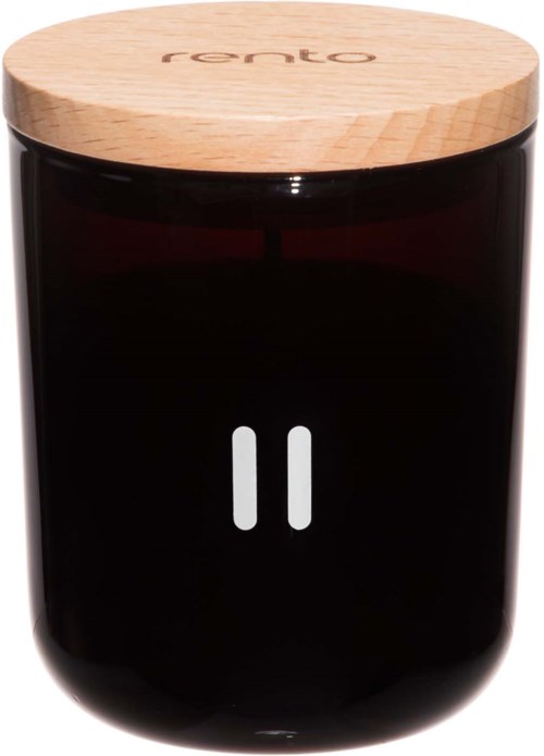 Ein schwarzes Gerät mit einem Holzdeckel mit der Aufschrift 'rento' und zwei weißen Pausen-Symbolen auf der Vorderseite.