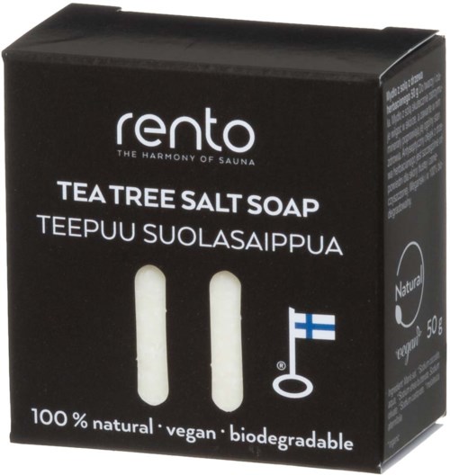 Svart förpackning av tea tree salt-tvål med finska och engelska etiketter, som visar att den är naturlig, vegansk, biologisk nedbrytbar och 100% naturlig.