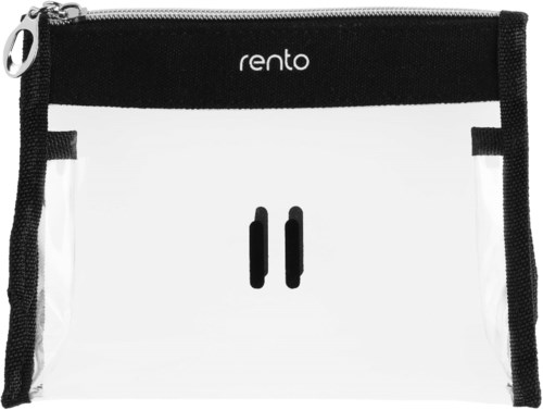 Kleine schwarz-weiße Tasche mit dem Markennamen "rento" oben und Reißverschluss auf der linken Seite.