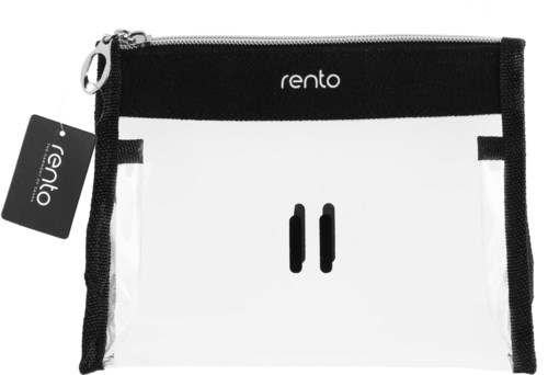 Transparente Plastiktasche mit schwarzem oberen Rand, Reißverschluss und Logo "rento." Es hat ein Etikett.