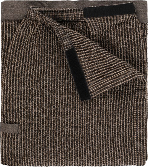 Braune und schwarze kariert Hose mit Gürtel und gefaltetem Teil, der die Innenseite zeigt.