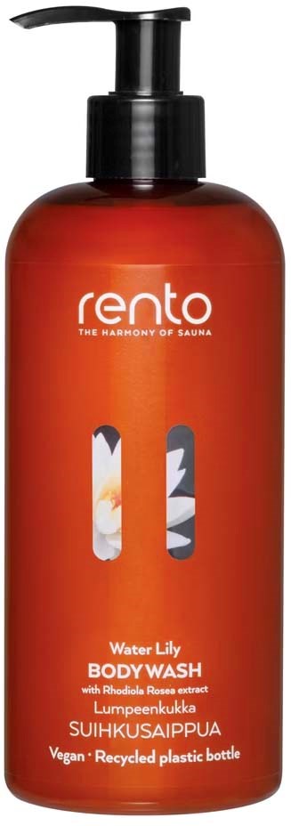 A red plastic bottle with a black pump labeled 'Rento Water Lily Body Wash'. It states it is vegan and made from recycled plastic.