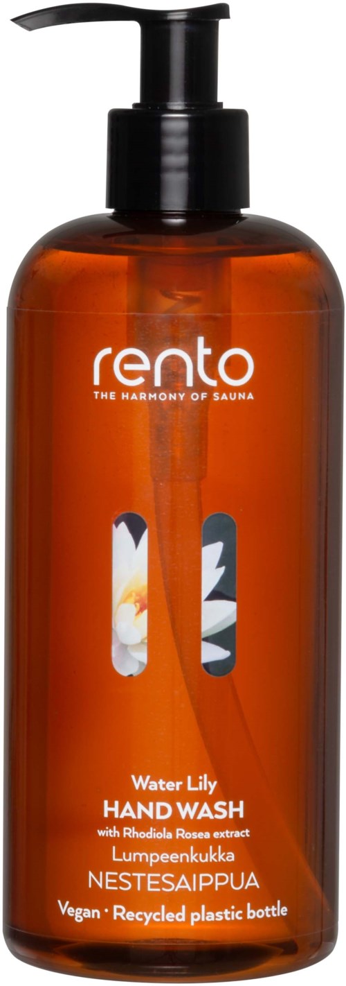 En brunt plastflaska med svart pump, märkt 'Rento Water Lily Hand Wash'. Den är vegansk och tillverkad av återvunnen plast.