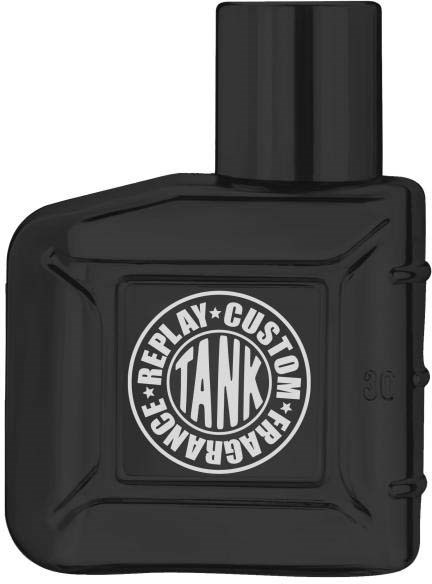 Black bottle with a round cap and a logo that says "REPLAY CUSTOM FRAGRANCE" in the center.