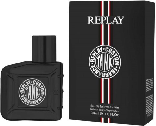 A black perfume bottle and box with white, red, and black stripes and text for Replay fragrance for men.