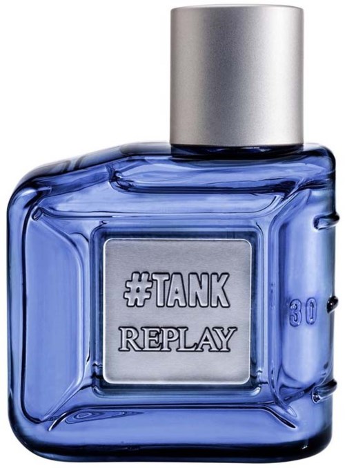 A blue perfume bottle with a silver cap and label reading '#TANK REPLAY'.