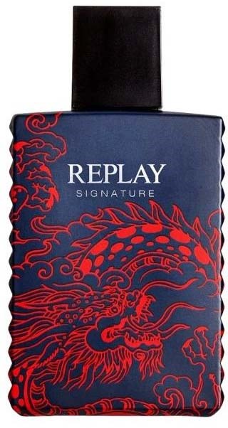 A perfume bottle with a dragon design and the word REPLAY SIGNATURE on it.