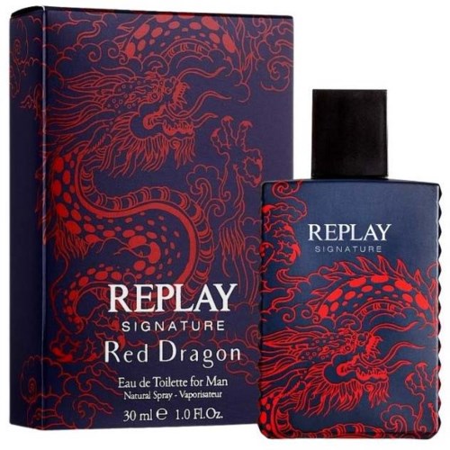A perfume bottle and box feature a red dragon design on a blue background, labeled 'Replay Signature Red Dragon' for men.