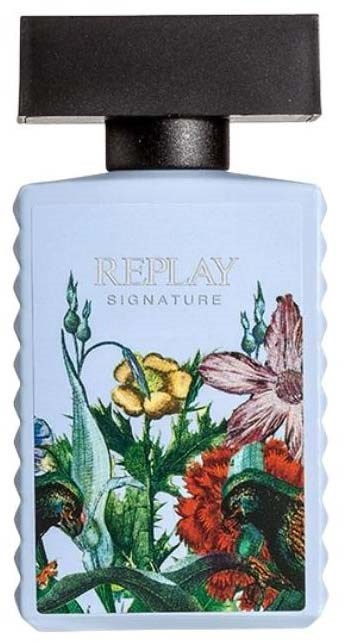 A perfume bottle with floral and butterfly design, light blue color, black cap, and the words "REPLAY SIGNATURE".