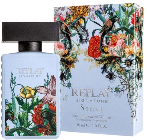 A perfume bottle with a floral and bird design, next to a matching box, both labeled "Replay Signature Secret."