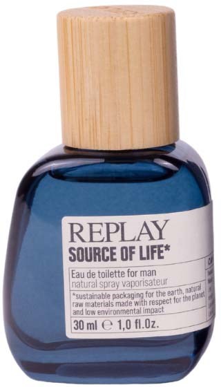 A blue perfume bottle with a wooden cap labeled 'REPLAY SOURCE OF LIFE' for men.