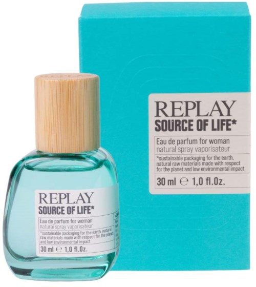 A small turquoise perfume bottle with a wooden cap, and a matching blue box behind it.