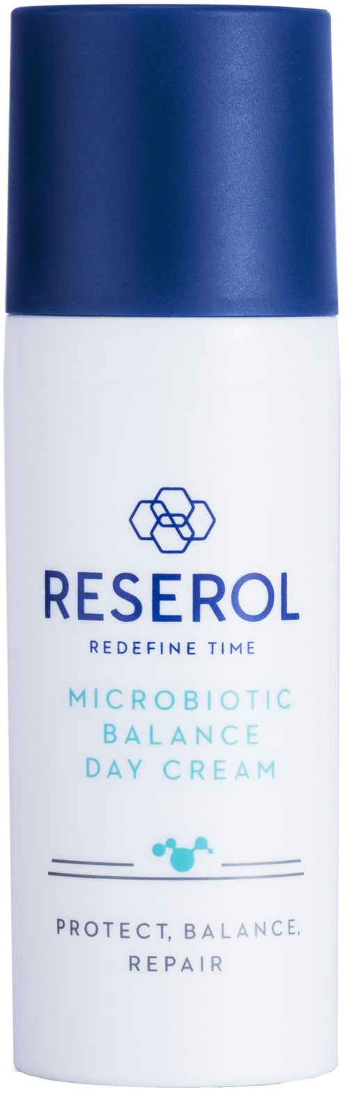 Een witte fles met een blauwe dop, gemarkeerd 'RESEROL Microbiotic Balance Day Cream', met een kleine blauwe molecuul-icoon.