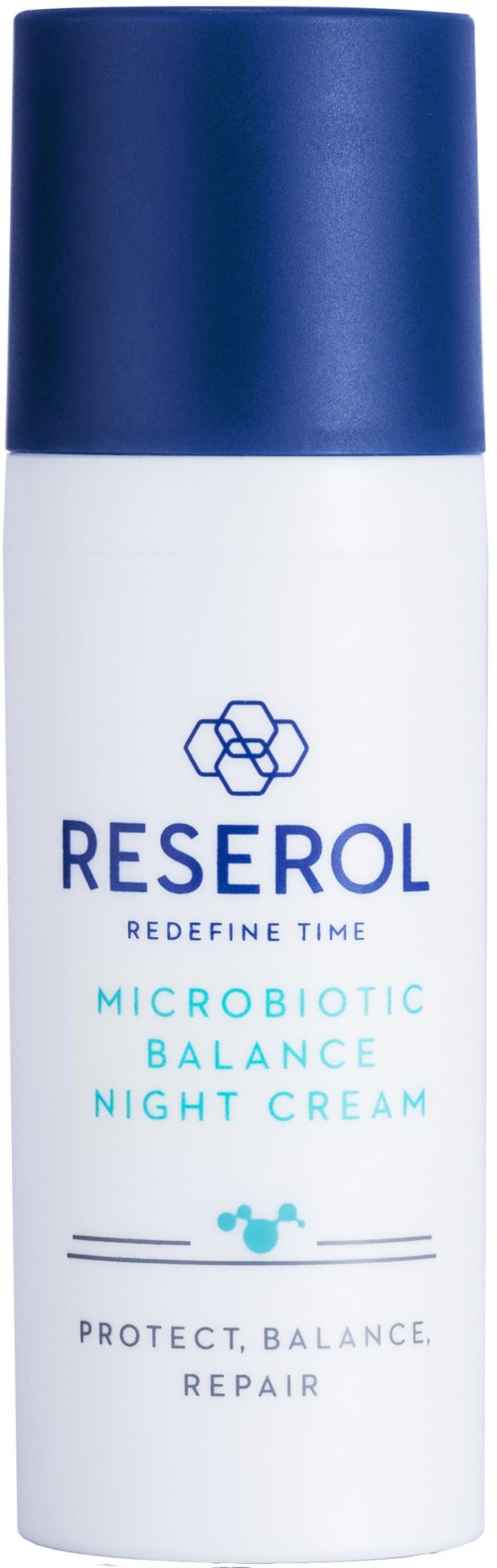 Een witte en blauwe fles met label 'Reserol Microbiotic Balance Night Cream' met symbolen en beschrijvende woorden.