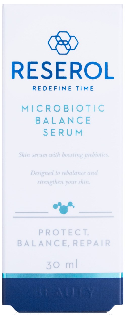 Een witte en blauwe fles voor Reserol Microbiotic Balance Serum met tekst over huidvoordelen en maat.