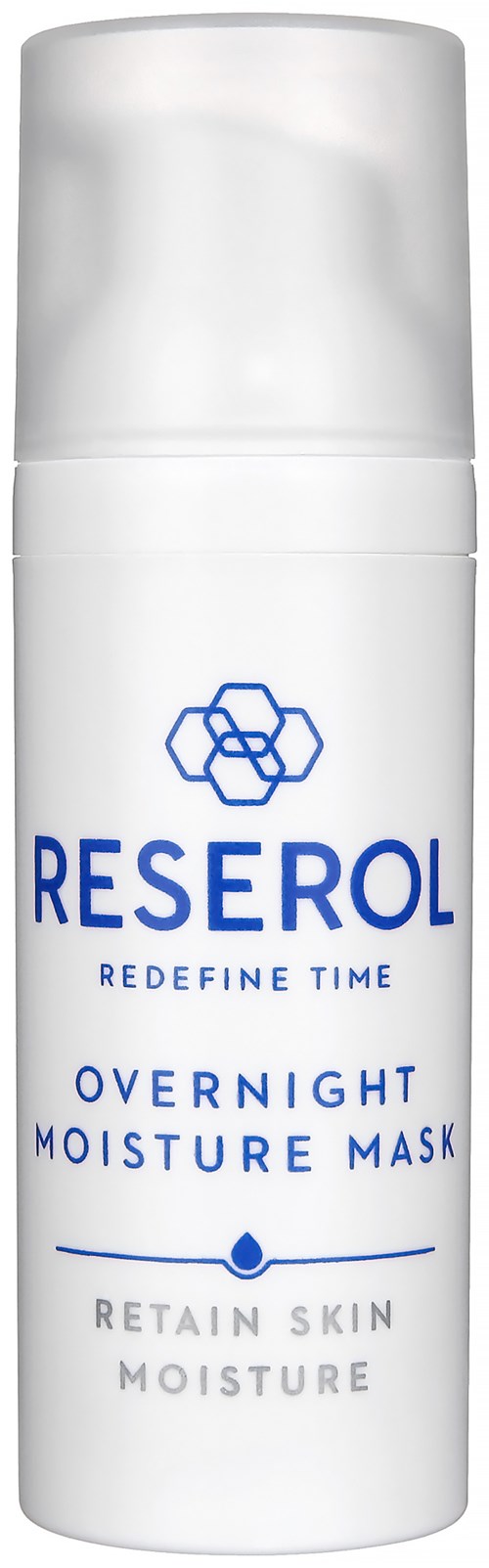 Witte cilindervormige fles met blauwe tekst en logo, gemarkeerd 'Reserol Overnight Moisture Mask'.