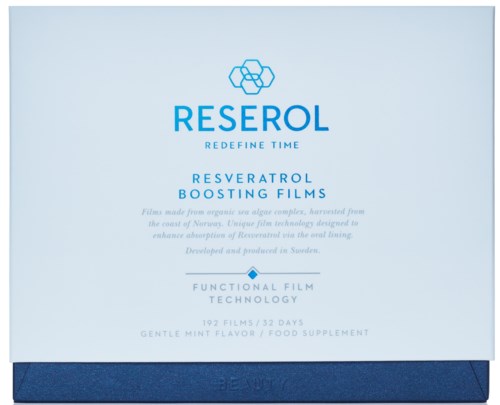 Blauwe verpakking voor Reserol Resveratrol boosting films met productdetails en technologie-informatie.