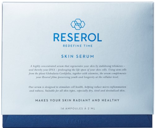 Reserol huidserum in een blauw doosje met productinformatie en voordelen.