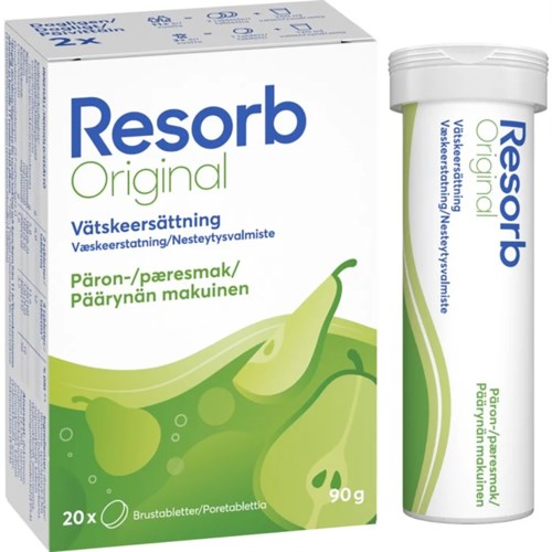 Resorb Original Elektrolytgetränk mit Birnengeschmack, 90g Packung, fördert Hydratation und Erfrischung.
