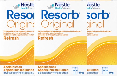 Drei Packungen Resorb Original Refresh mit Orangen Geschmack, je 90 g, zeigen Inhalt und Marken.