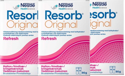 Drei Packungen Resorb Original, ein Mineralstoffpräparat, gekennzeichnet als 'Refresh' mit rosa Design und 90g Gewicht.