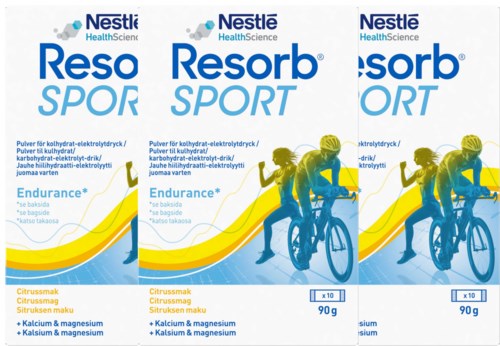 Drei Packungen Resorb SPORT Sportgetränkepulver mit Fahrräder-Illustration und gelbem Wellen-Design.