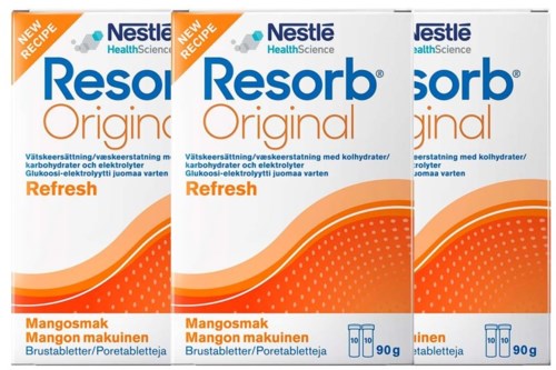 Drei Verpackungen von Resorb Original Elektrolytpulver, mango-Geschmack, mit blauer und orangefarbener Schrift und Design.