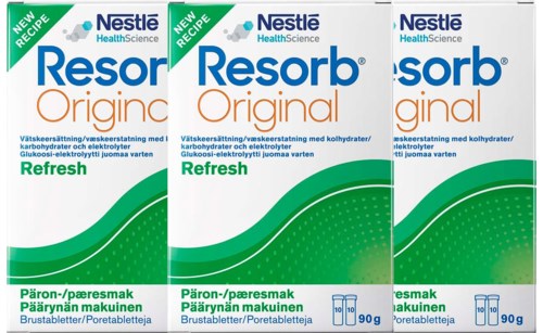 Drei Packungen Resorb Original, ein Getränk zur Wiederherstellung des Elektrolytgleichgewichts, in grüner und weißer Verpackung.