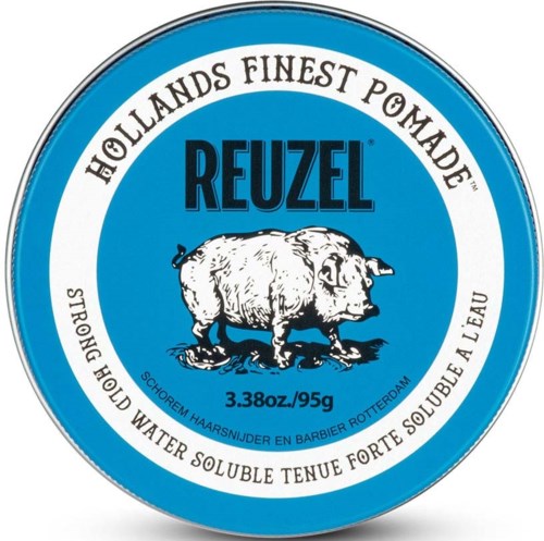 A round blue label for Reuzel hair pomade, featuring a pig illustration and text about its quality and water-soluble nature.