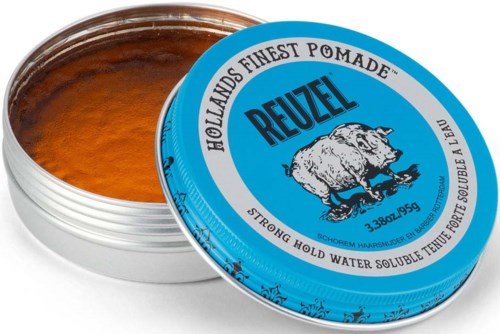 A round, blue tin of strong hold water-soluble pomade with a bear logo on the lid.