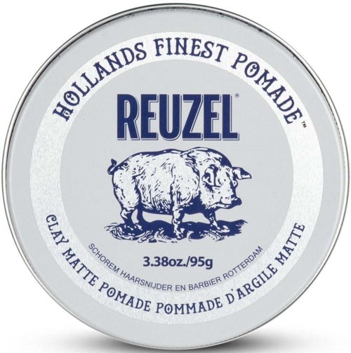 A round tin of Reuzel clay matte pomade with a pig logo and text about the product's origin and weight.