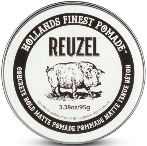 En svart-hvit sirkel logo for Reuzel hårpomade, med en grisillustrasjon og tekst om produktet.