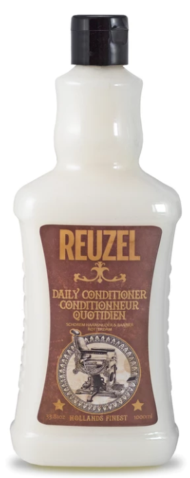 A white bottle with a black cap labeled 'Reuzel Daily Conditioner' from Holland Fower.